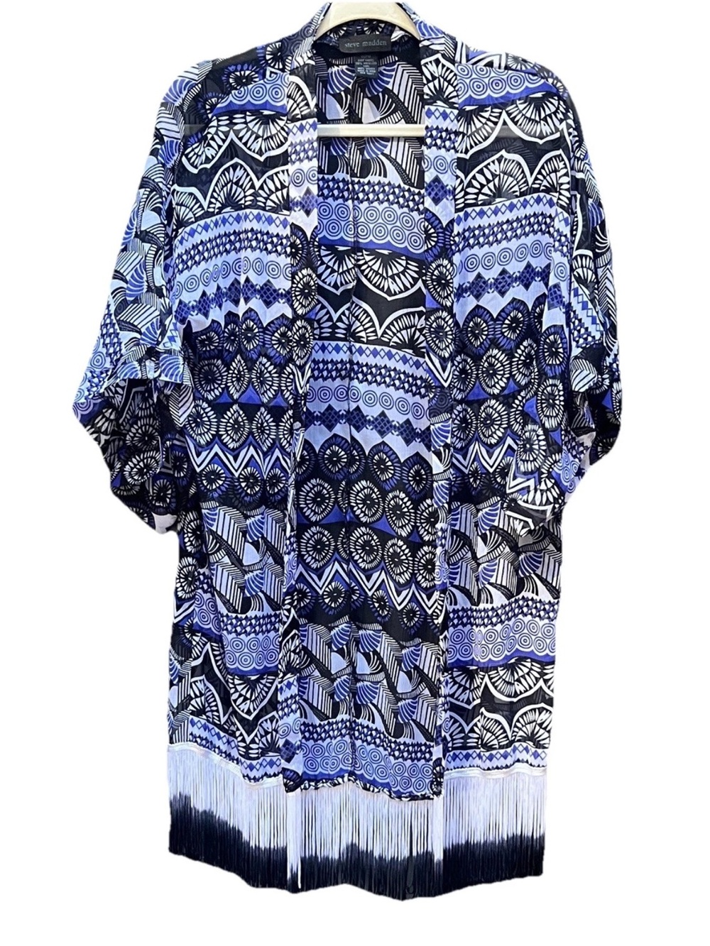 STEVE MADDEN Open Sheer Patterned Kimono / Swim Cover Up w. Ombré Fringe